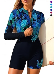 Women's Rash Guard One Piece Surfing Suit Bathing Suit Floral Tropical Color-blocking Zip Up with Built in Bra  Removable Pad UV Sun Protection UPF50+ Ultra Light (UL) Long Sleeve Swimwear Sun Shirt