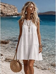 Mujer Mini vestido Vestido de verano Vestido de una línea Vacaciones Casual Diario Playa Holgado Plano Sin Mangas Cuello halter Azul Piscina Azul marinero Negro Blanco Verano
