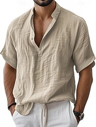 Herren Hemd Leinenhemd Popover-Hemd Sommerhemd Strandbekleidung Einfarbig Urlaub Straße Blau Schwarz Weiß Marineblau Kurzarm Hemdkragen Sommer Frühling Bekleidung