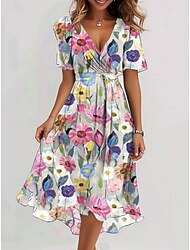 Mujer Vestido Midi Vestido de una línea Vacaciones Casual Festivos Cita Ajuste regular Floral Graphic Manga Corta Escote en Pico Azul Piscina Rosa Claro Amarillo Rosa Verano Primavera