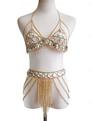 Samba Dancewear Iridescent Edelstein Gold Körperkette Bikini Set Performance Kostüm