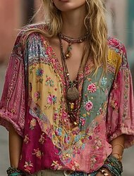 Dam Skjorta Linneskjortor i bomull Boho skjorta Blus Lappverk Mönster Blommig Grafisk bohemliv Stylish Etnisk Halvlång ärm V-hals Vanliga toppar Dagligen Helgdag Utekväll Rubinrött Sommar Vår