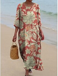 Vrouwen Maxi Jurk Linnenachtig Ademend Lichtgewicht Zomerjurk Shift Jurk A-lijn Jurk Zomer Jurk Vakantie Casual Boho Dagelijks Strand Vakantie 3/4 lengte Mouw Ronde Hals Boot