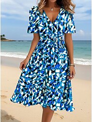 Women's Midi Dress A Line Dress Vacation Casual Holiday Date Regular Fit Floral Graphic Short Sleeve V Neck Blue Light Pink Yellow Pink Summer Spring