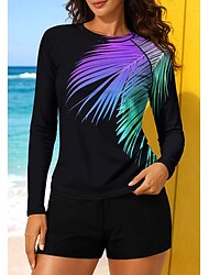 Dames Normaal Rashguard-badpak Uitslagbescherming Zwempak met bloemenprint Flora Tropisch Kleurblokkering 2-stuks Verwijderbare vulling boyleg UV-zonbescherming UPF50+ UV-Bescherming Lange mouw