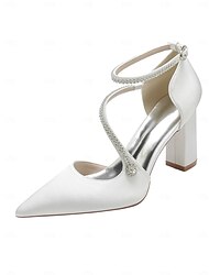 Sapatos de salto bloco em cetim marfim para mulheres, com tira de cristal no tornozelo, elegantes sapatos de noiva para casamentos na cidade.