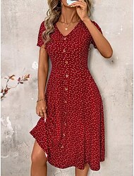 Mujer Vestido Midi Vestido de una línea Vacaciones Casual Exterior Noche Ajuste regular A Lunares Manga Corta Escote en Pico Azul marinero Negro Rojo Verde Trébol Verano Primavera