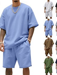 Herr T-shirtkostymer 2 delar outfits T-shirt och shorts Kortärmad Rund hals Sommar Slät Mode Ledigt 2 st Ledigt Semester Dagliga kläder Militärgrön Svart Vit Topp t-shirt för män
