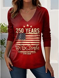 Unabhängigkeitstag Amerikanisches Jubiläum Patriotisches Frauen T-Shirt Druck Grafik Amerikanische Flagge Vintage Stylisch Lässig Langarm V-Ausschnitt Regulär Tops Täglich Wochenende Blau Schwarz Rot