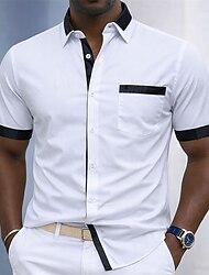 Hombre Camisa Camisa para Vestido Abotonar la camisa Bloque de color Diario Negocio Negro Blanco Manga Corta Cuello Vuelto Verano Ropa Retazos