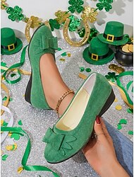 Dames ballerina's met groene strik voor St. Patrick's Day - casual, comfortabele instapschoenen met lage hak, feestelijke Ierse stijl voor parades, feesten, vakantie-evenementen en kantoor.