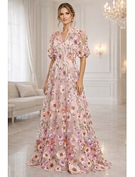 A-linje Golvlång Klänning till brudens mor Kortärmad V-hals Elegant Vintage Lyxig Formell Bröllopsgäst Bröllopsfest Spets Tyll med 3D-blommor Broderad Blomma