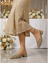 Mules plateados de tacón bajo para mujer: elegantes zapatos de madre de la novia para bodas urbanas.