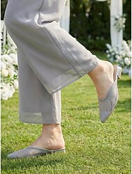 Mules planas de malla beige para mujer, elegantes zapatos de vestir sin cordones con punta afilada para la madre de la novia, boda en el jardín. &eventos formales de día