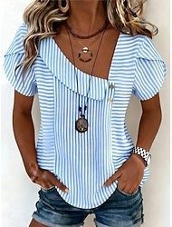 Dam T-shirt T-tröja Mönster Randig Mode Stylish Klassisk Kortärmad V-hals Vanliga toppar Dagligen Utekväll Helgen Blå Sommar Vår