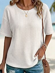Damen-Waffelstrick-Tops, klassisches T-Shirt, einfarbig, modern, lässig, Kurzarm, Rundhalsausschnitt, normale Oberteile, Alltag, Urlaub, Ausgehen, Schwarz, Weiß, Gelb, Rosa, Weinrot, Sommer, Frühling