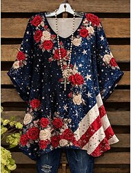 Amerikanska självständighetsdagen Dam Skjorta Blus Mönster Blommig Grafisk Flagga Vintage Dagligen Stylish Långärmad Rund hals V-hals Långa toppar Dagligen Utekväll Rubinrött Purpur Grön Sommar Vår