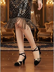 נעלי גטסבי לנשים משנות ה-20 - קטיפה אלגנטית &נעלי עקב מרי ג'יין בצבע זהב עם נצנצים ועקב וינטג' &רצועות שתי וערב לריקודים סלוניים, מסיבות נושא &חתונות