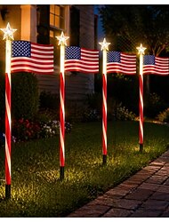4 verbundene Solar-Wegeleuchten in Form amerikanischer Flaggen mit 8 Modi, patriotische rote, weiße und blaue wasserdichte LED-Gartendekoration für den 4. Juli und den Memorial Day