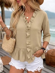 Dames 100% Katoenen Shirt Blouse Rimpel Shirt Rimpel Patchwork Effen Kleur Eenvoudig Stijlvol Klassiek Modern Lange Mouwen V-Hals Reguliere Tops Dagelijks Vakantie Uitgaan Zwart Wit Rood Luchtblauw