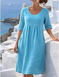 Damen Midikleid Shiftkleid Sommerkleid Lässig Täglich Lässiger Schnitt Einfach Dreiviertelarm V Ausschnitt Blau Marineblau Grün Grau Sommer Frühling