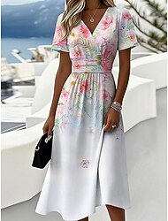 Pentru femei Rochii Midi Rochie A line Vacanță Casual Boho Fit regulat Floral Grafic Manșon scurt În V Albastru piscină Alb Trifoi Kaki Vară Primăvară