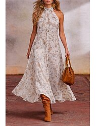 Női Midi ruha Nyári ruha A vonalú ruha Halter ruha Vállon kívüli ruha Szabadság Buli Boho Szabadtéri Tengerpart Parti Virágos Grafika Ujjatlan Kötőfék nyaka Fehér Nyár Tavasz Ősz