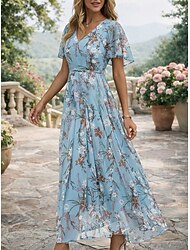 Damen Midikleid Chiffonkleid Cocktailkleid Blumenkleid Druckkleid Mode Modern Outdoor Urlaub Teegesellschaft Normale Passform Blume Kurzarm V Ausschnitt Blau Rosa Grün Leicht Blau Sommer