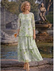 Linia -A Lungime Podea Lungime Gleznă Rochie formala Rochie Mama Miresei Lungime Manșon 3/4 Bateau Elegant Epocă Casual Oficial Șifon Jaquard cu Imprimeu Floral