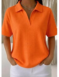 Kvinnors 100% bomull oversized ribbad stickade toppar T-shirt Tee drop shoulder stiliga avslappnad kort ärm V-ringning skjortkrage vanliga toppar daglig utgång semester kläder blå vit orange grön