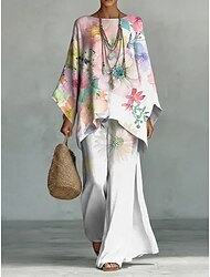 Dames Broeken Sets Lange mouw Ronde hals Bloemig Grafisch Afdrukken Modieus Streetwear Casual Dagelijks Buiten Blozend Roze Bruin Zomer Ruim Passend