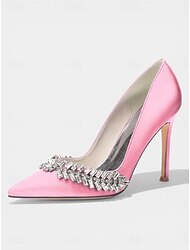 Women's Purple Satin Pointed Toe Heels, Rhinestone Embellished Stiletto Pumps for Cocktail Party, Wedding & Evening Events