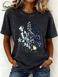 Dam T-shirt i 100 % bomull tryck syratvättad vintagetvättad grafisk växter bokstaver snygg grundläggande klassisk kortärmad rund hals vanlig toppar casual daglig blå svart rosa lila grön sommar vår