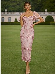 Åtsmitande Ankellång Spetsklänning Cocktailklänningar Elegant Vintage Blommig Kortärmad Hjärtformad urringning Trädgårdsfest Bröllop Satäng Tyll med 3D-blommor Broderad Applikationsbroderi
