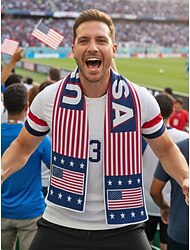 Men's America Flag Print Polyester Towel Scarf, Soft Soccer Fan Cheer Scarf for Football Match Day Support, Stadium Events, Sports Viewing and Casual Everyday Use