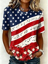 Amerikanischer Unabhängigkeitstag Damen T Shirt Druck Blumen Grafik Flagge Stilvoll Klassisch Lässig Kurzarm Rundhalsausschnitt Rundhals Normale Oberteile Lässig Täglich Blau Rote Purpur Grün Sommer
