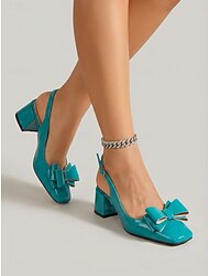 Dames pumps met slingback in een levendige turquoiseblauwe kleur - comfortabele vierkante neus, blokhak en strikdetail, ideaal voor dagelijks gebruik en naar kantoor. &zomeruitjes