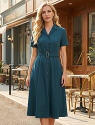 Anni 1950 Rockabilly Midi Vestito Maniche corte Con cintura Tinta unica Collo ripiegato Costume Per donna Casuale Abbigliamento Quotidiano Tè Adulti Vestito Primavera & Estate