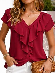 Dam Skjorta Sommarskjorta Casual skjorta Chiffong toppar Volang Knappar Ensfärgat Slät Elegant Vintage Mode Kortärmad V-hals Vanliga toppar Dagligen Helgdag Utekväll Vin Sommar Vår Höst