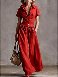 Mujer Vestido maxi Vestido de una línea Vestido de verano Casual Diario Ajuste regular Plano Manga Corta Diseño Azul marinero Negro Blanco Rojo Verano Primavera