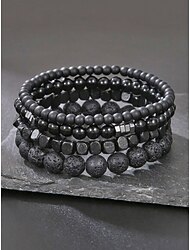 Set brățări bărbătești boho cu 4 piese din piatră naturală - rocă vulcanică neagră &Brățări elastice cu mărgele onix mate, suprapuse, pentru plajă de vară, zi de zi, sport, yoga &cadou de bijuterii