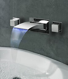 abordables -Grifo para lavabo de baño con montaje en pared, cascada, acabado cromado, flujo de agua, fuente de alimentación LED, dos manijas, grifos de baño de tres orificios con interruptor y válvula de agua