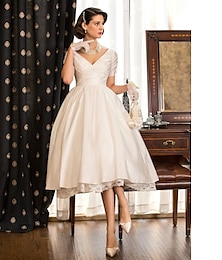 economico -Abiti da Sposa Semplici A-Line Scollo a V Senza Maniche Strascico Spazzola in Raso abiti da Sposa con Tasche per impressionare