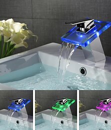 abordables -robinet de lavabo de salle de bain à led, cascade en laiton bec en verre à 3 couleurs à température contrôlée finition chromée de style contemporain poignée unique un trou avec interrupteur chaud et