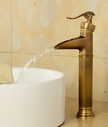abordables -Robinet de lavabo de salle de bain en bronze antique en laiton, robinets de bain monotrou cascade à montage mural avec interrupteur chaud et froid et valve en céramique