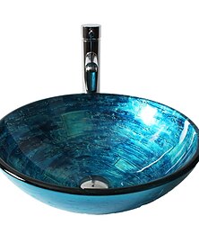abordables -vasque ronde en verre trempé chromé bleu avec robinet à tube droit, support de vasque et drain