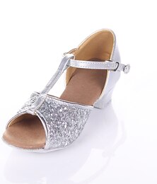 cheap -Women's Latin Shoes Ballroom Dance Shoes Salsa Shoes Sparkling Shoes Sandal Glitter Low Heel Buckle T-Strap Kid's Black Silver Gold