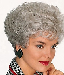 economico -parrucche grigie per le donne parrucca sintetica ricci ricci pixie cut con frangia parrucca corta argento capelli sintetici grigi