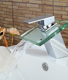 abordables -Lavabo de baño de cascada de vidrio cromado moderno grifos de baño de un solo mango con interruptor de agua fría y caliente