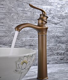 ieftine -robinet din alamă pentru chiuvetă de baie, cascadă din alamă antică cu flux de apă larg răspândit robinete de baie cu un singur mâner cu o gaură cu comutator cald și rece